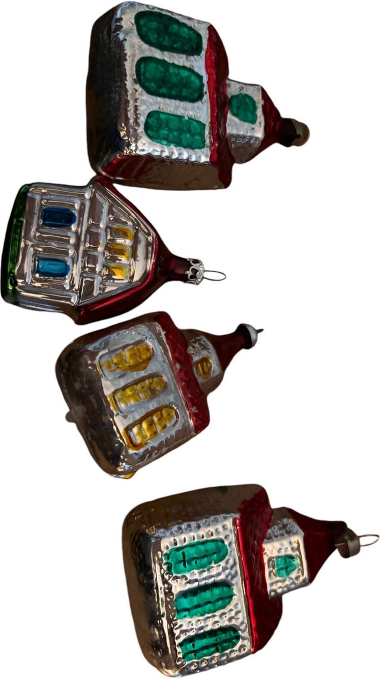 Four VTG Blown Mercury Glass Christmas Tree Ornament Church Chapel